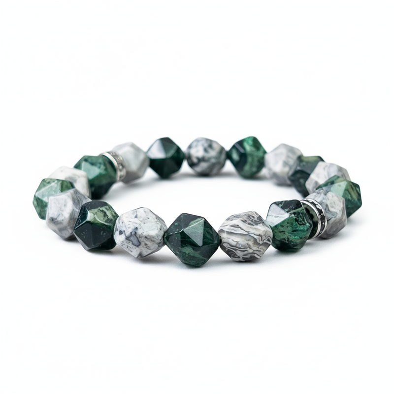Green and gray beaded bracelet on a white background