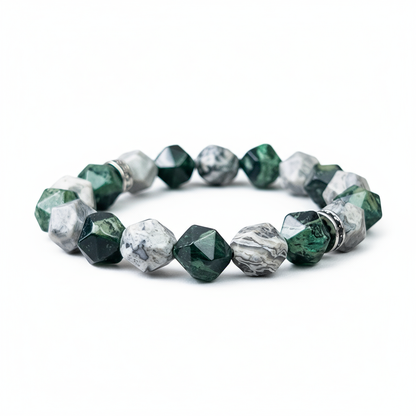 Green and gray beaded bracelet on a white background