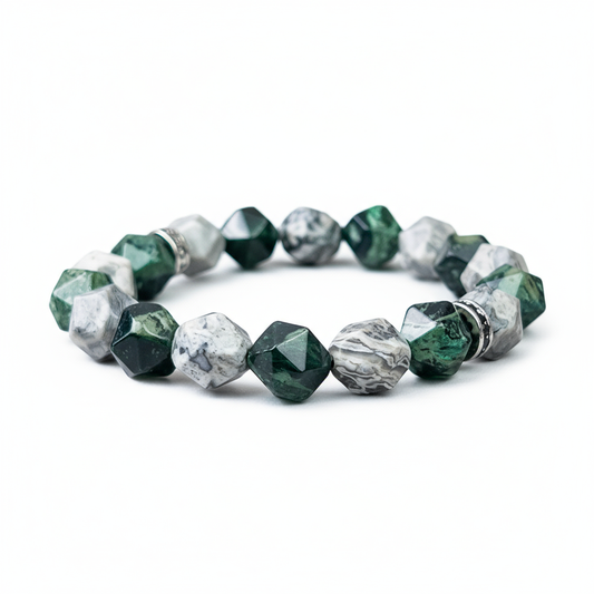 Green and gray beaded bracelet on a white background