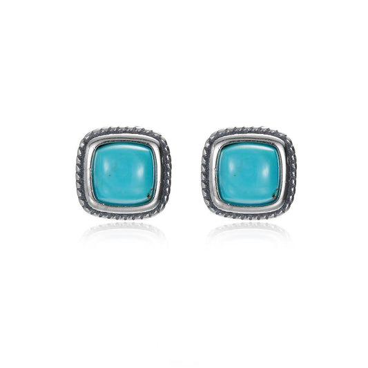 Tibetan turquoise stud earrings in S925 sterling silver – flat lay”