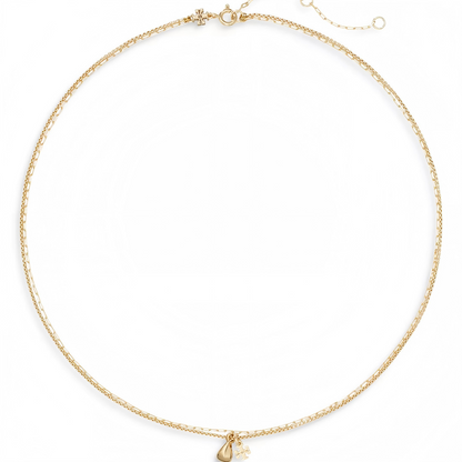 A delicate gold chain necklace with a small teardrop-shaped pendant and a tiny key charm, displayed on a clean white background.