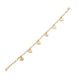 A delicate gold chain bracelet featuring five small, polished heart charms and a tiny clover charm, displayed diagonally on a solid white background.