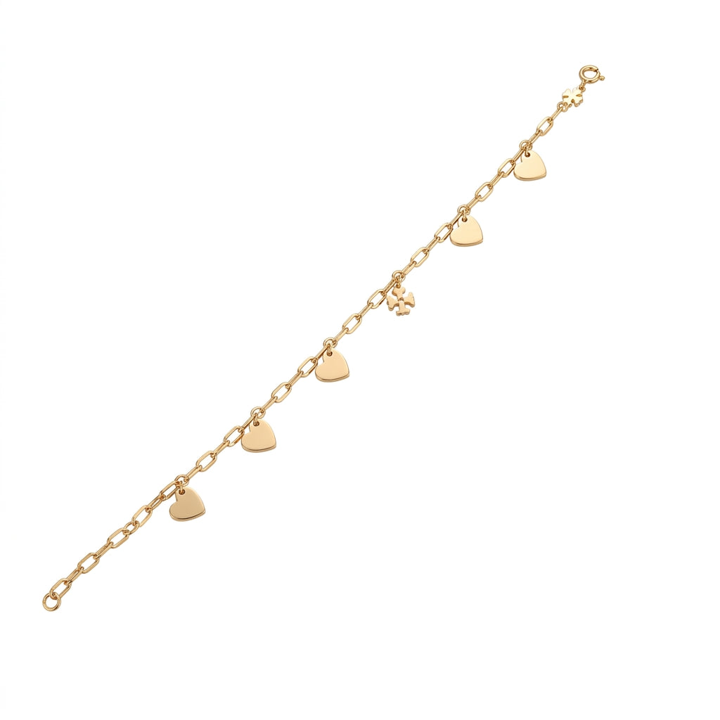 A delicate gold chain bracelet featuring five small, polished heart charms and a tiny clover charm, displayed diagonally on a solid white background.