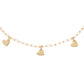 A delicate gold chain necklace featuring three small, flat heart-shaped charms spaced along the chain, set against a plain white background.