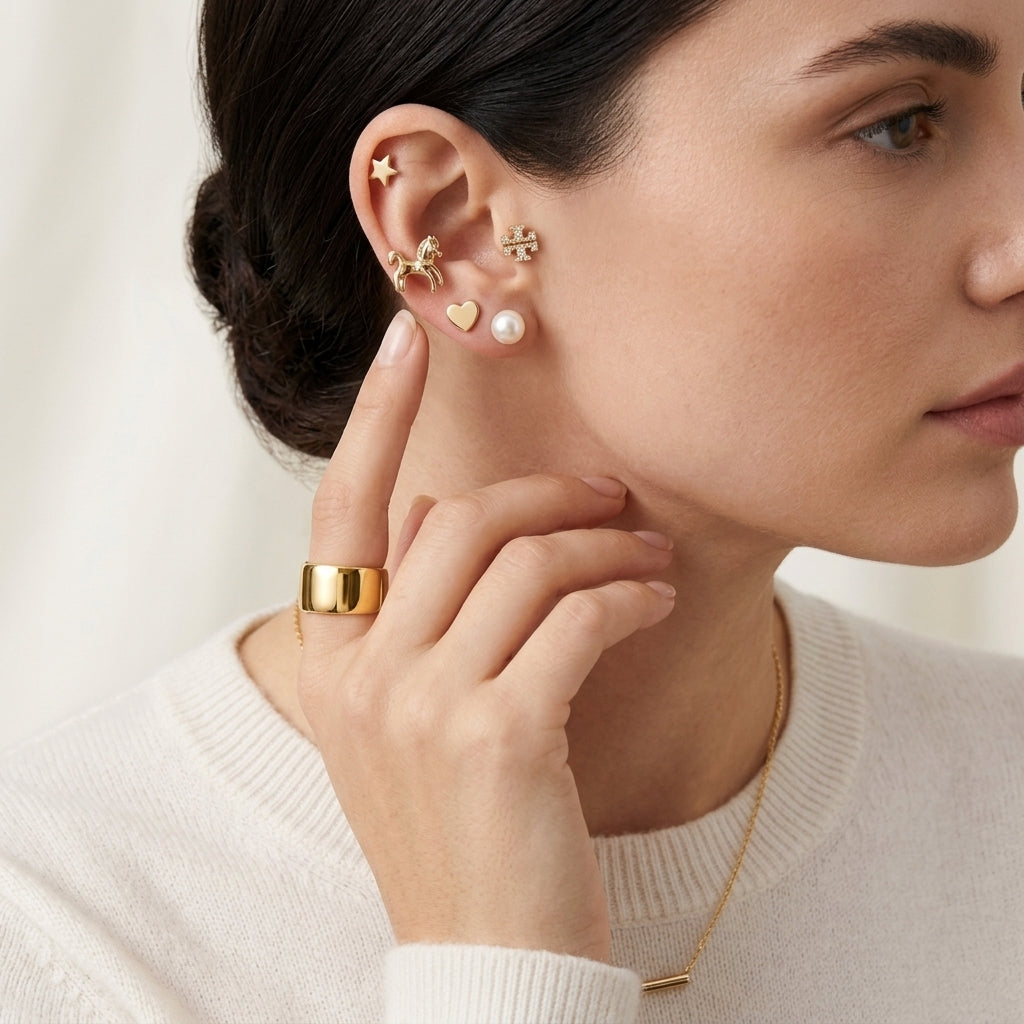 A close-up of a woman wearing multiple gold ear piercings and earrings, including bow-shaped studs, a heart-shaped stud, a pearl stud, and a star-shaped stud, along with a wide gold ring and a delicate gold necklace.