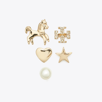 A set of five gold-toned and pearl stud earrings arranged on a light gray background, including a horse, a cross with pearls, a heart, a star, and a single pearl.