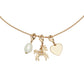 A gold chain necklace featuring three charms: a white pearl bead, a small gold unicorn charm with clear rhinestones, and a flat gold heart charm, shown against a plain white background.