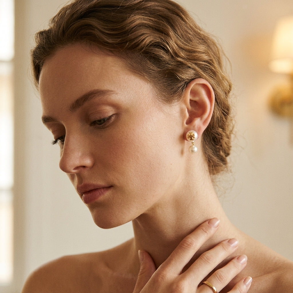 Woman wearing gold earrings and a ring, with a soft focus background