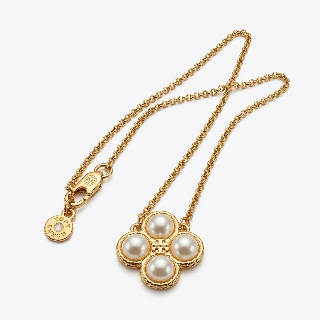 Tory Burch Faux Pearl Clover Necklace | Four Leaf Clover
