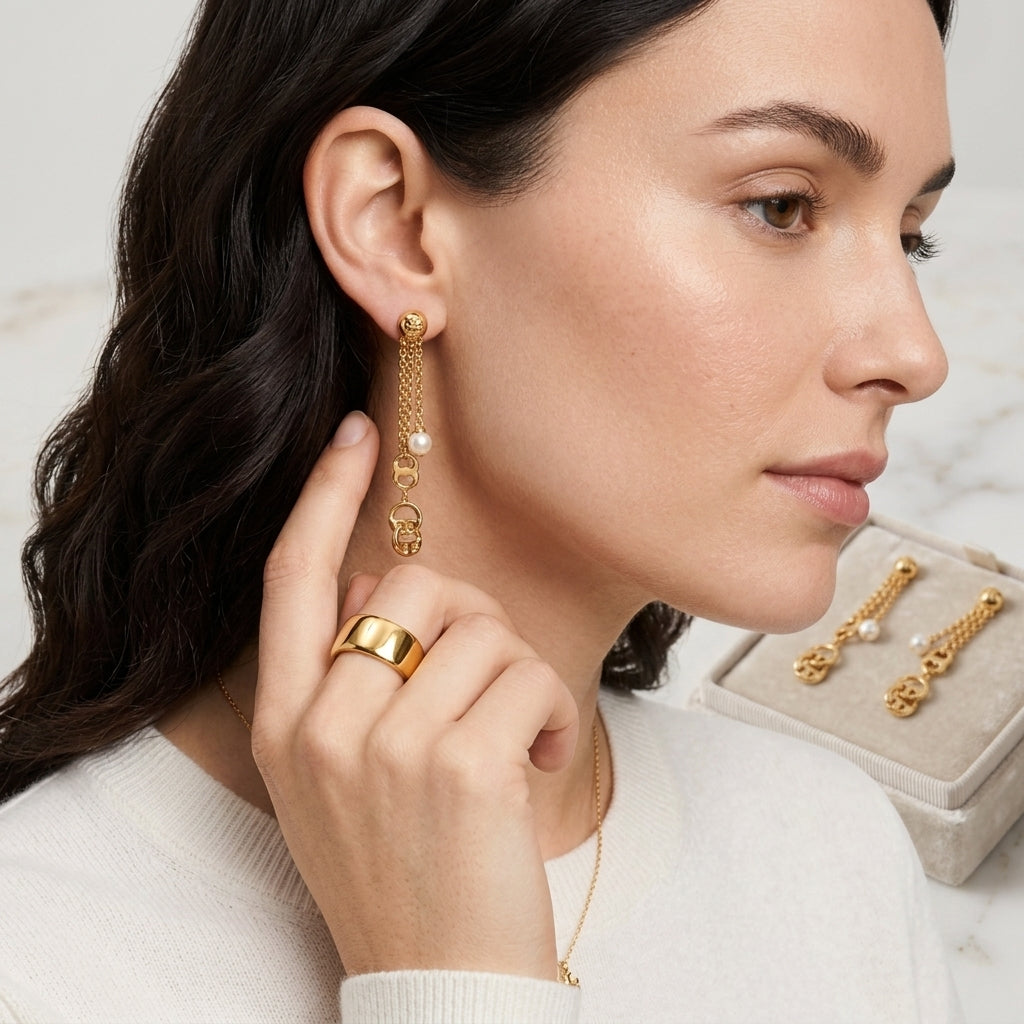 A close-up lifestyle shot of a woman wearing a delicate gold dangle earring with a small white pearl and gold charm, alongside a matching gold ring and a jewelry box on a light marble surface.