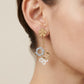 A close-up of a model's ear wearing a gold flower stud earring with dangling charms, including a clear crystal ring, a gold geometric charm, and a white cloud charm, against a soft beige background.