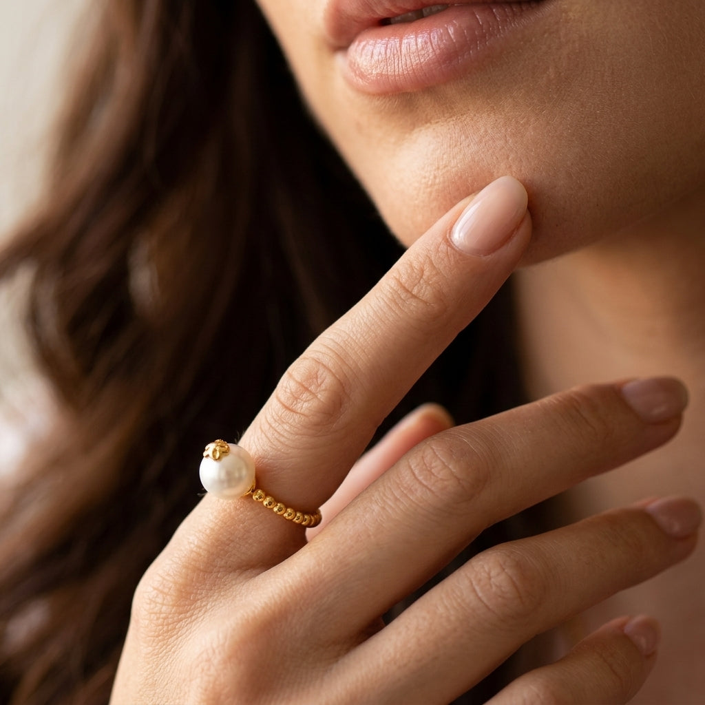 A close-up lifestyle shot of a woman's hand wearing a delicate gold ring with a single white pearl bead, set against her face and hair.