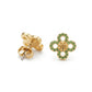 A pair of gold flower-shaped stud earrings, one showing the back with a butterfly clutch and the other showing the front decorated with small green stones around the perimeter.