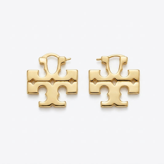 A pair of gold-toned geometric cross stud earrings on a clean white background.