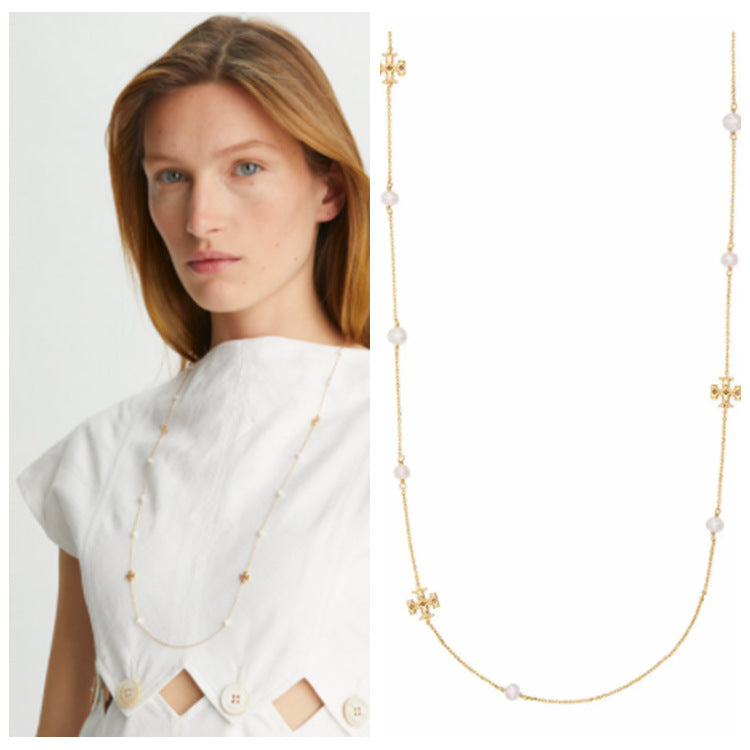 A model wearing a delicate gold chain necklace with small white pearl-like beads and gold cross motifs, shown alongside a clean product-only view of the necklace on a white background.
