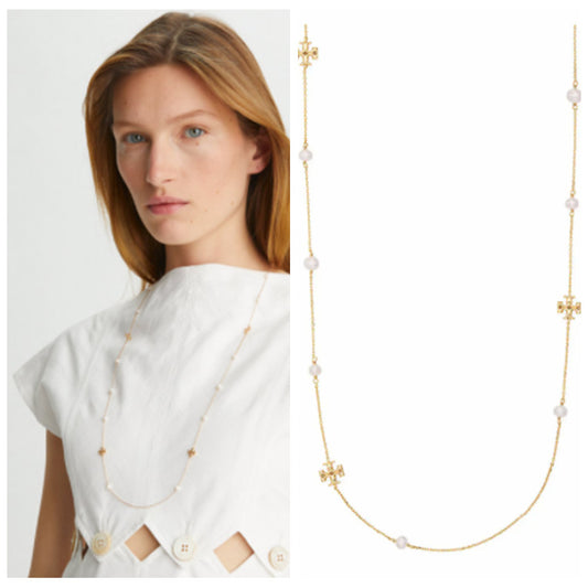 A model wearing a delicate gold chain necklace with small white pearl-like beads and gold cross motifs, shown alongside a clean product-only view of the necklace on a white background.
