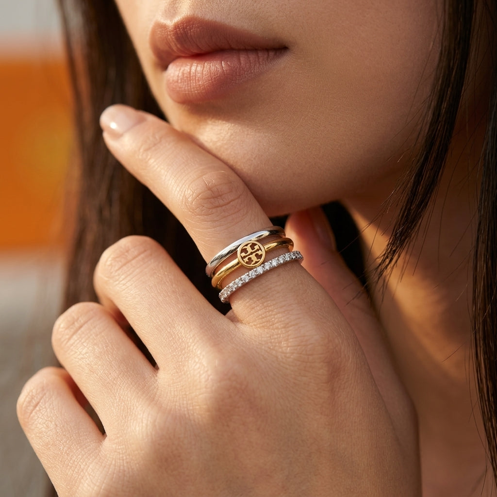 A close-up of a woman's hand resting near her chin, wearing three stacked rings: a gold ring with a circular sunburst motif, a silver band, and a silver ring set with small clear stones.