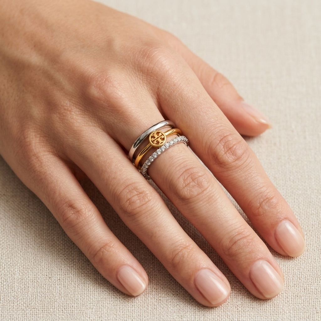 A close-up of a hand wearing three stacked rings: a yellow gold ring with a circular sunburst design, a yellow gold ring with a small pavé diamond band, and a silver-toned band.