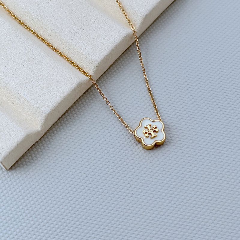 Tory Burch Kira Flower Pendant Necklace | Gold Tone Floral Pendant Necklace | Double T Flower Charm Necklace