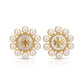 Pair of pearl earrings with a gold logo on a white background