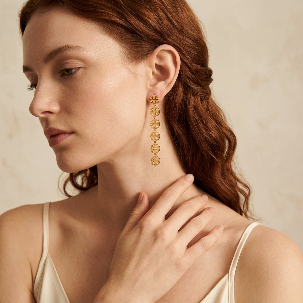 A close-up of a woman with red hair wearing a long, dangling gold earring with a repeating floral pattern, set against a soft beige background.