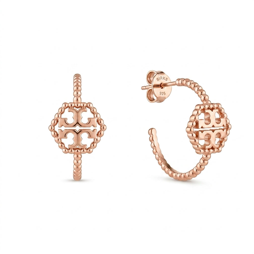 A pair of rose gold hoop earrings with a geometric openwork design and a beaded rope border, shown on a plain white background. One earring is shown flat from the front, and the other is shown from the side/back, revealing a 'TORY Burch' logo engraving and '925' sterling silver purity stamp.