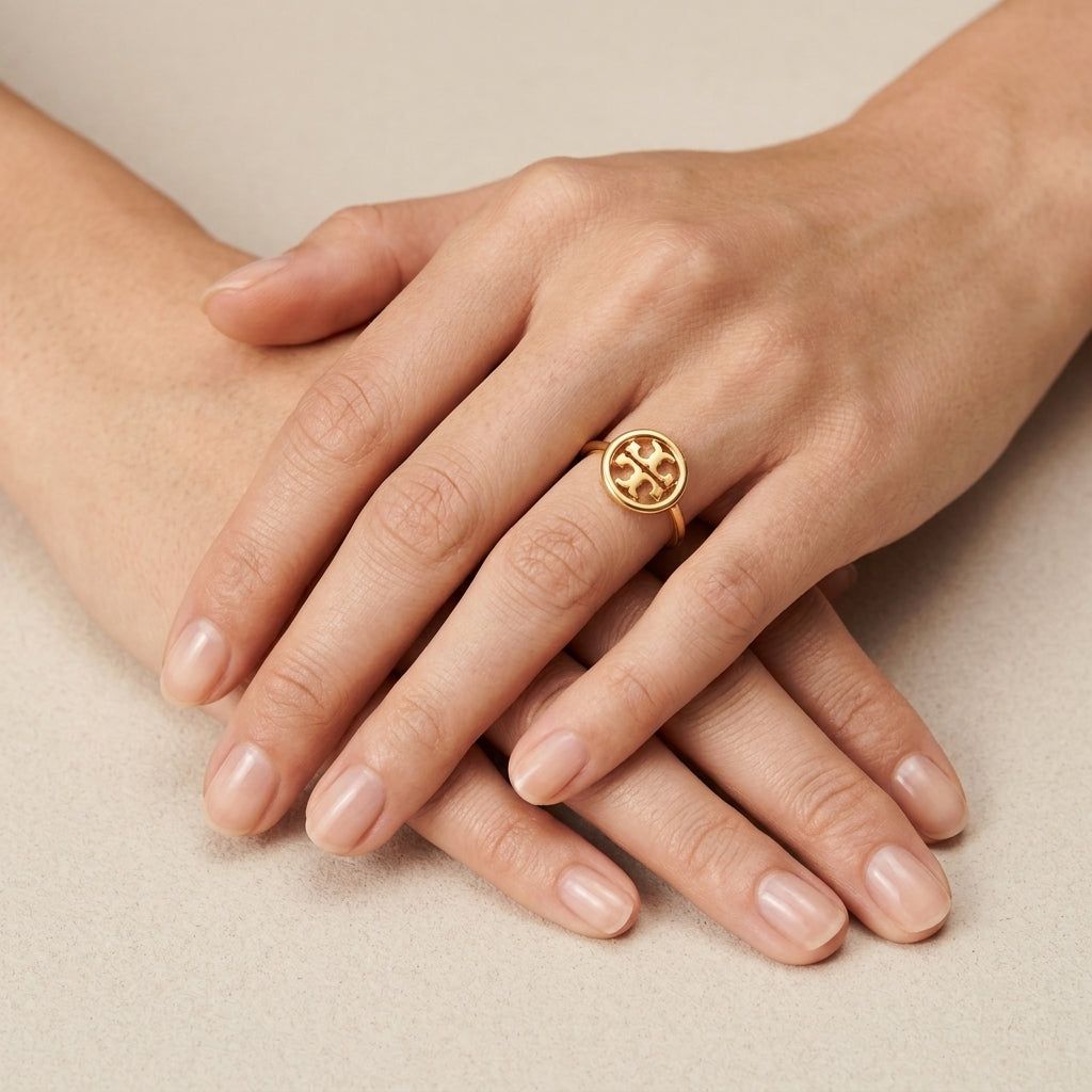 A gold ring with a circular cross motif worn on a finger, shown on a model's hand against a neutral beige background.