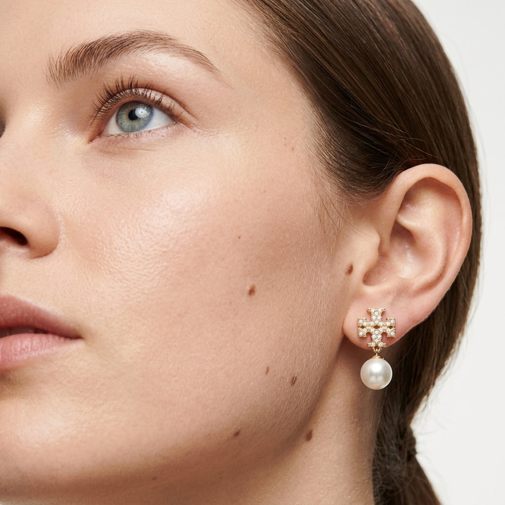 Close-up of a woman wearing pearl earrings with a white background