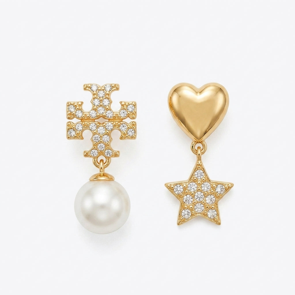 Gold earrings with star, heart, and pearl design on a white background