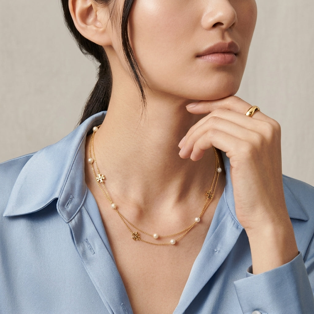 A close-up of a model wearing a delicate double-layered necklace with gold star and flower charms, small pearls, and gold chain links, styled with a light blue collared shirt.