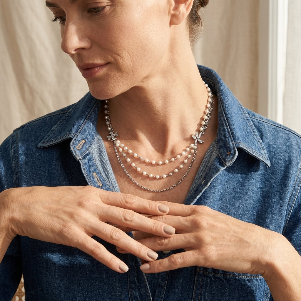 A close-up of a woman wearing a layered necklace set with white pearls and silver-toned charms, styled with a blue denim shirt.