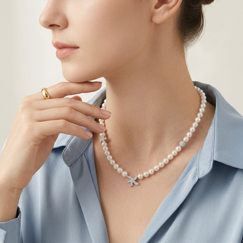 A close-up lifestyle shot of a model wearing a delicate white pearl necklace with a silver bow-shaped charm, paired with a light blue satin shirt.