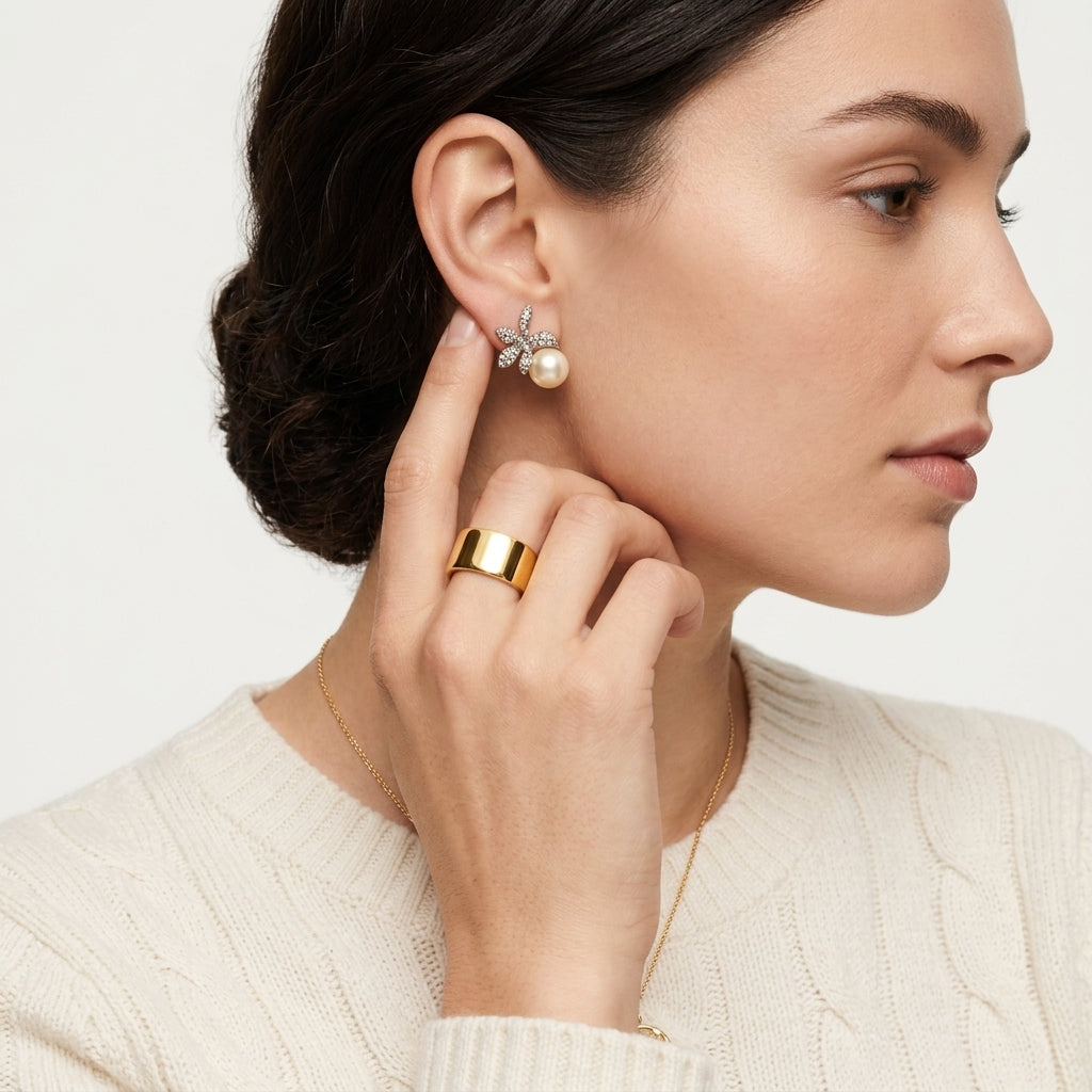 A close-up of a woman wearing a delicate gold ring on her finger and a matching gold and pearl stud earring, shown in profile against a clean white background.