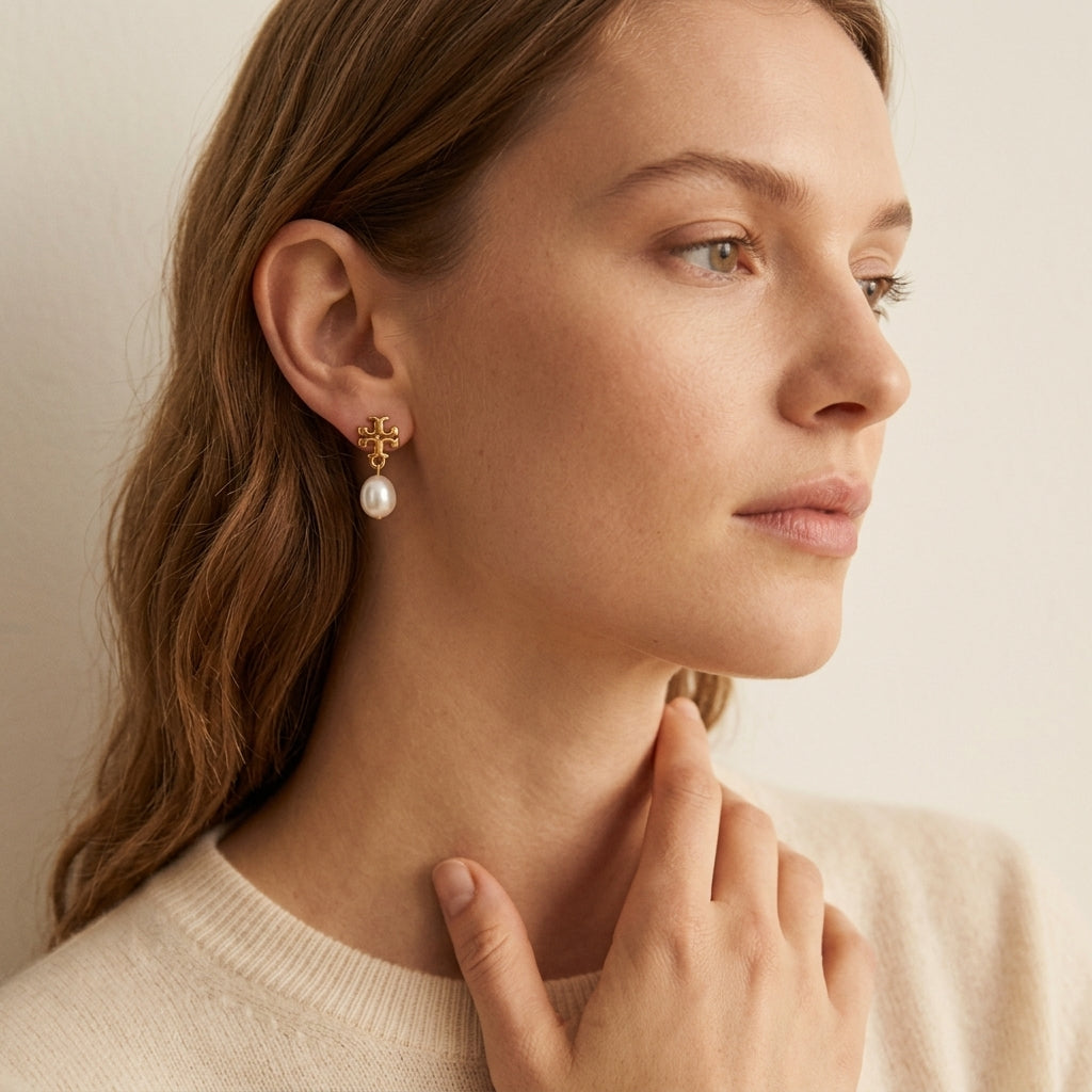 Woman wearing a gold earring with a pearl detail on a neutral background