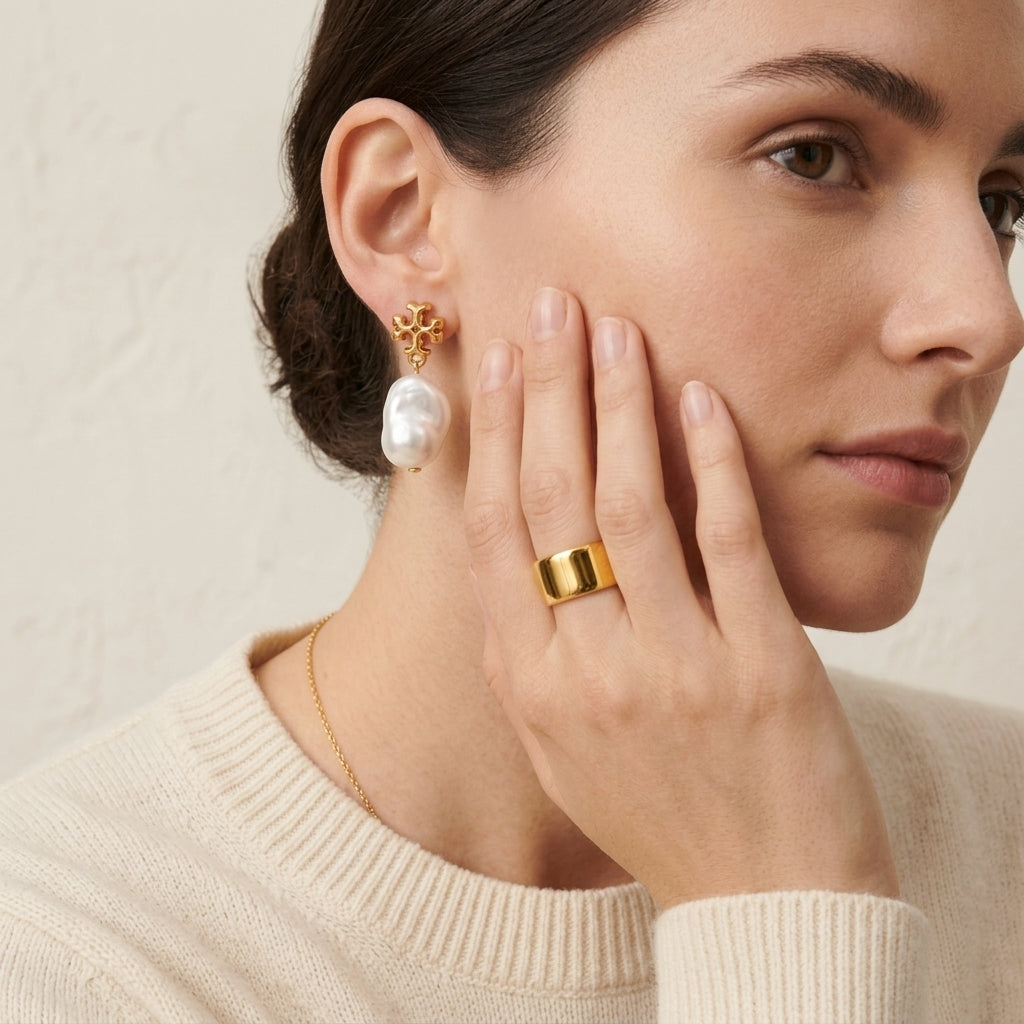 A close-up lifestyle shot of a woman wearing a gold ring on her finger and a gold flower-shaped earring with a large white baroque pearl drop on her ear. She is wearing a cream-colored ribbed knit sweater against a neutral beige background.