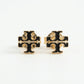 A pair of gold and black cross-shaped stud earrings on a clean white background.