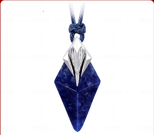 Blue and silver pendant on a white background