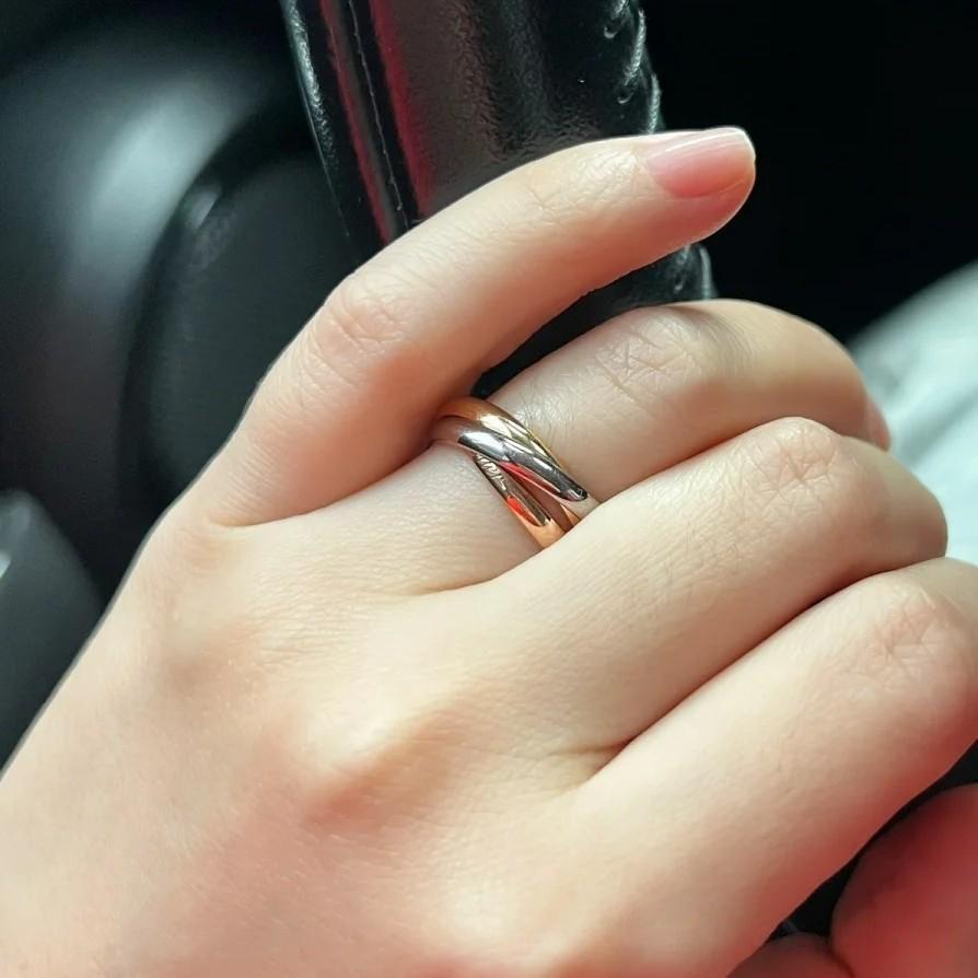 Trinity Tricolor Interlocking Rings Hand wearing a silver ring with a blurred background