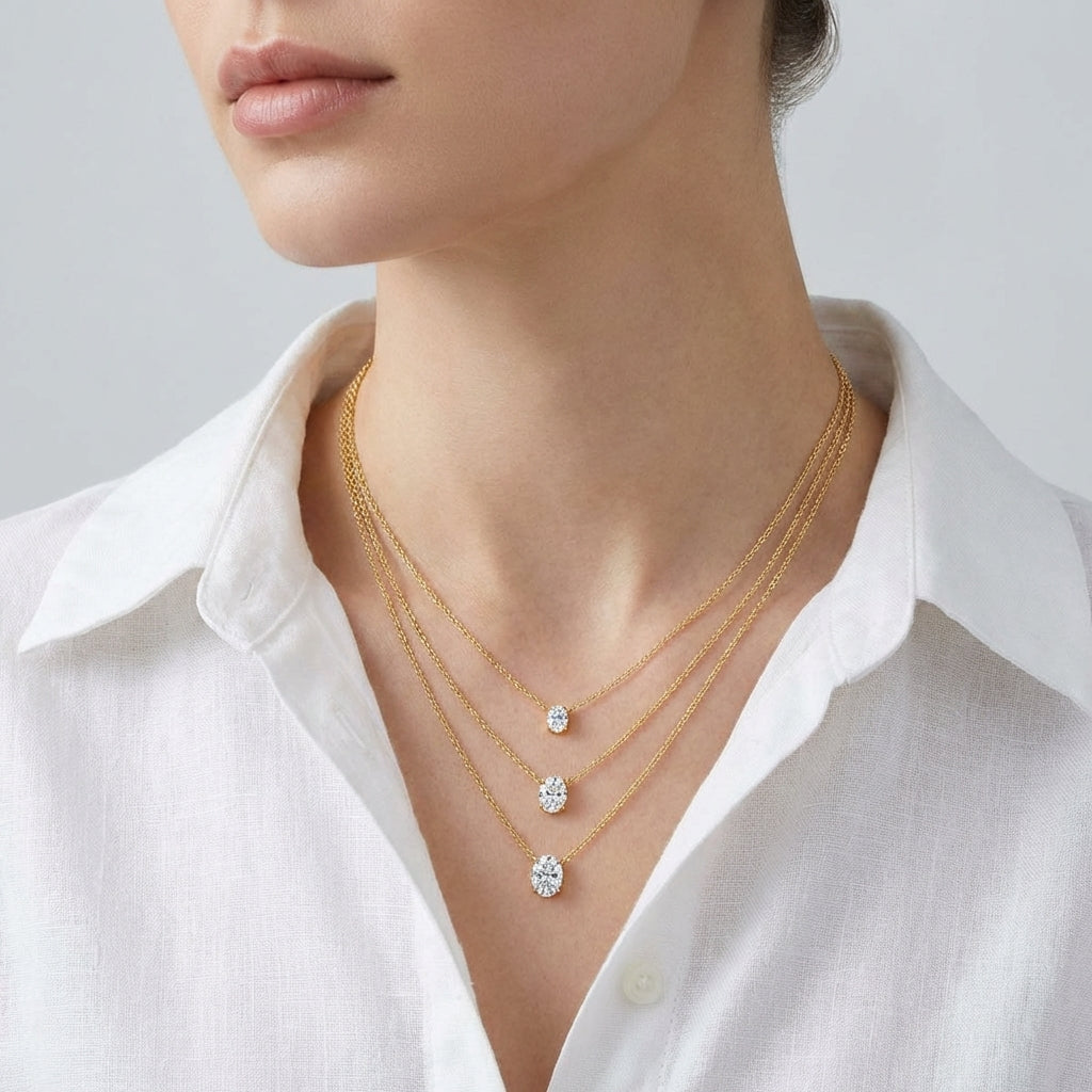 US female model, white linen shirt, focus on neck, lips & jaw only, soft high-key light, clean grey-white background, minimal shadow, natural skin, sharp moissanite sparkle, ultra-detailed, 4K.