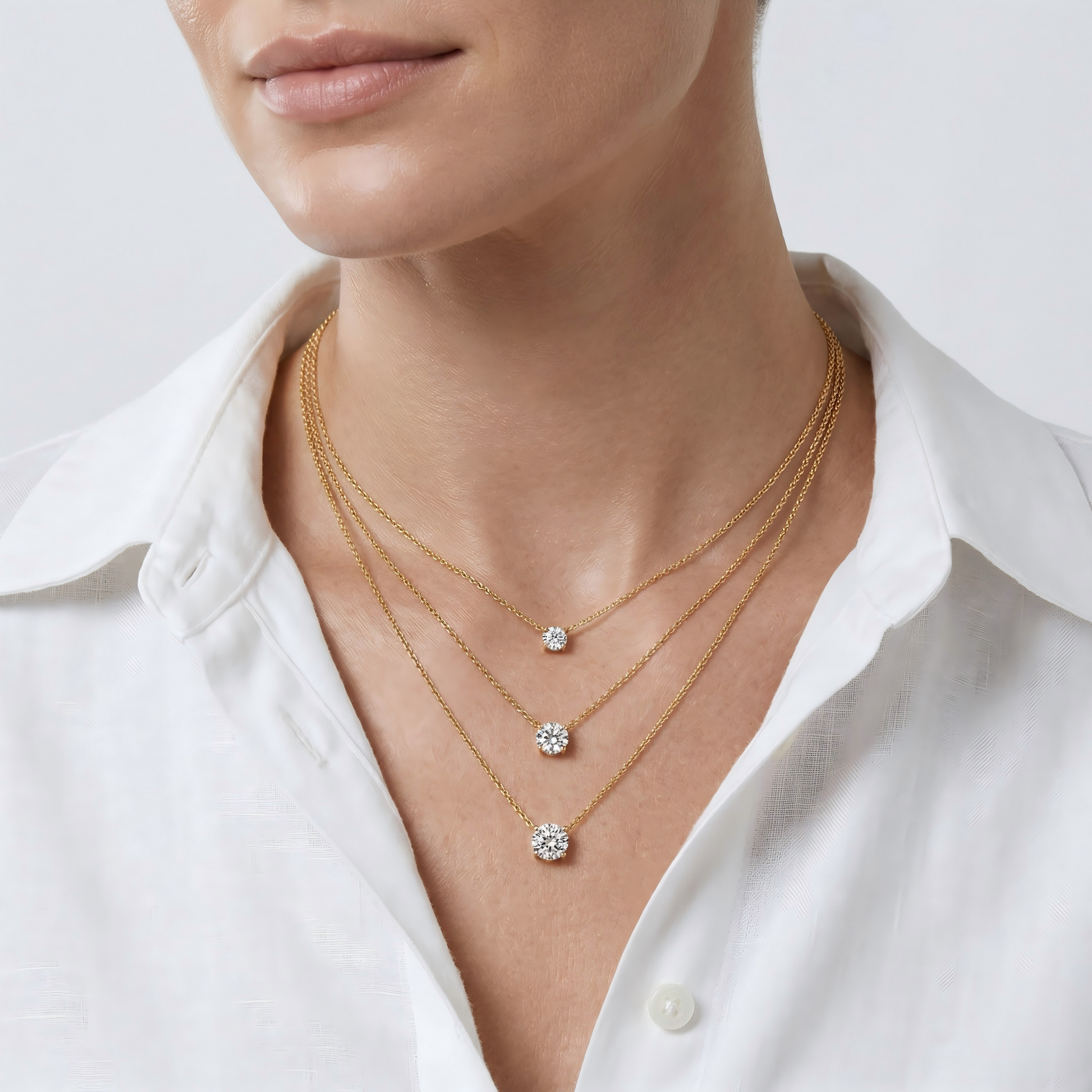 Natural lifestyle shot of a young woman wearing the necklace in a bright modern living room, soft side natural light, minimal white outfit, shallow depth of field, highlighting realistic wear and effortless luxury, magazine-style, 4K.