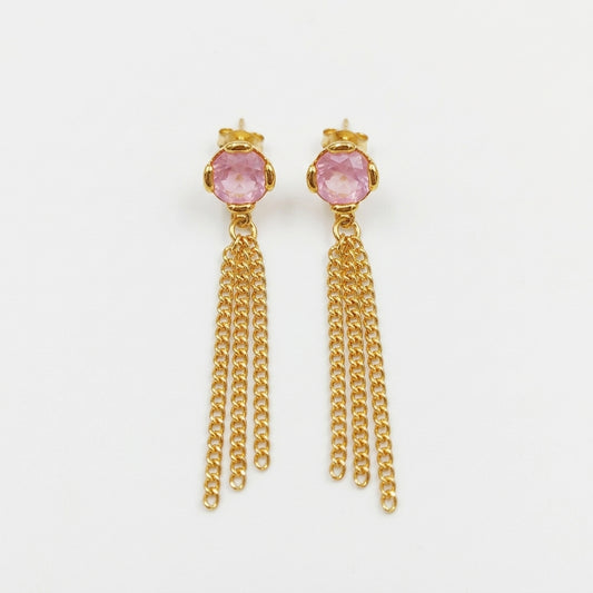 A double-strand rose gold necklace featuring delicate beaded chains and two small hexagonal pink gemstone pendants, displayed against a clean off-white background.