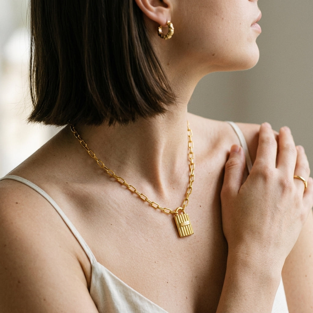 A close-up lifestyle shot of a woman wearing a gold chain necklace with a small rectangular pendant featuring vertical ridges, paired with a gold hoop earring and a gold ring.