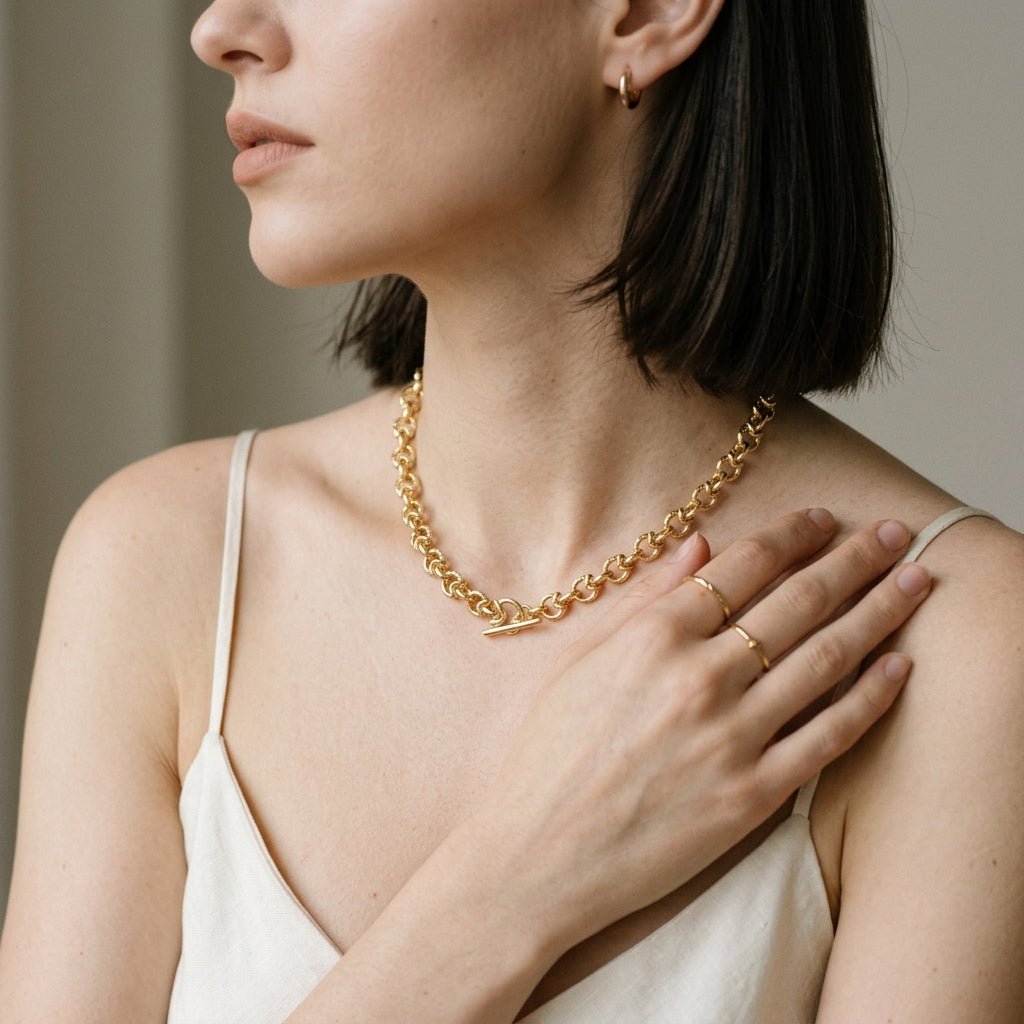 A close-up lifestyle shot of a woman wearing a chunky gold chain necklace with a small gold arrow pendant, styled with gold rings and a small hoop earring.