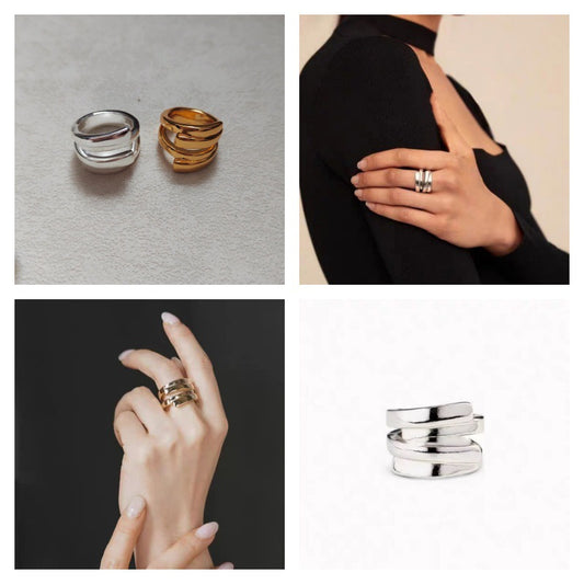  Irregular open ring on neutral background. Alt: “UNOde50 Irregular Open Ring – Textured Silver Asymmetric.”