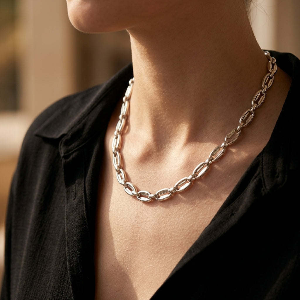 A close-up lifestyle shot of a model wearing a polished silver chain necklace with elongated oval links, styled with a black collared shirt.