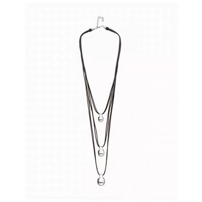 A multi-strand black cord necklace with silver-toned spherical beads and a silver clasp, displayed against a plain white background.