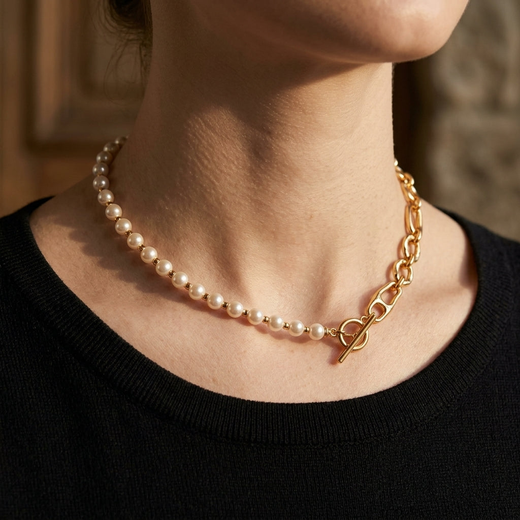 A close-up of a model's neck and upper chest wearing a delicate necklace with a strand of small white pearls and a gold toggle clasp, paired with a black top.