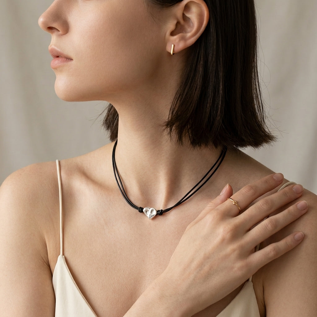 A close-up lifestyle shot of a model wearing a double-strand black cord necklace with a polished silver heart-shaped charm. The model is wearing a beige camisole, and the background is a soft, neutral beige fabric.