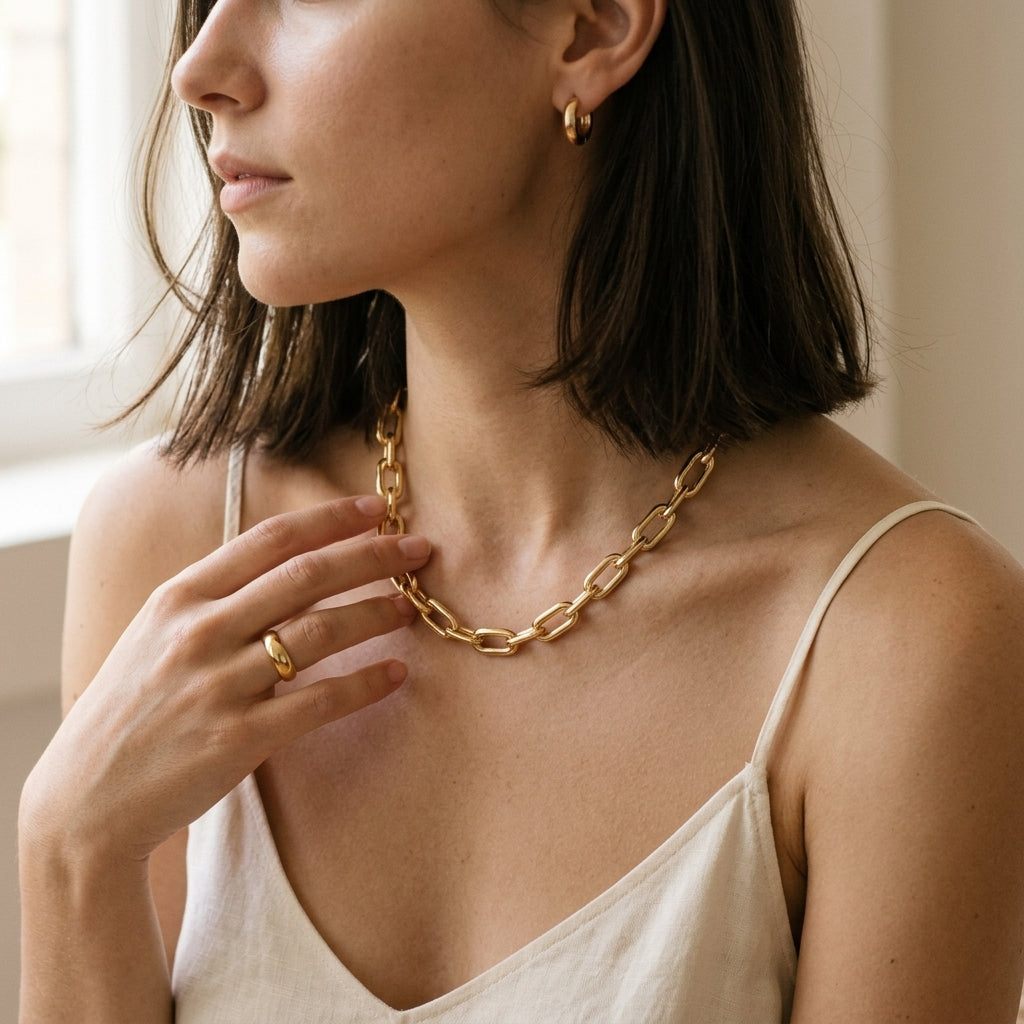 A woman wearing a chunky gold chain necklace and matching gold hoop earring, shown in a close-up lifestyle shot with soft natural light.