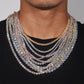 Multiple diamond necklaces on a person wearing a black shirt